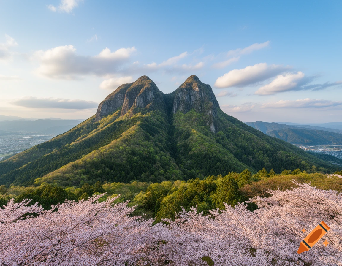 Two lush green mountains with a valley and city in the background, framed by vibrant pink cherry blossoms under a blue sky.