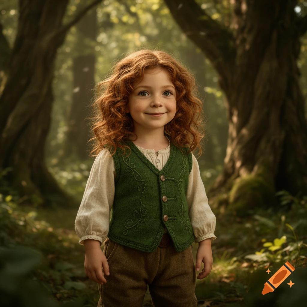 A smiling child with red curly hair in a green vest and brown trousers stands in a misty forest, looking photorealistic.
