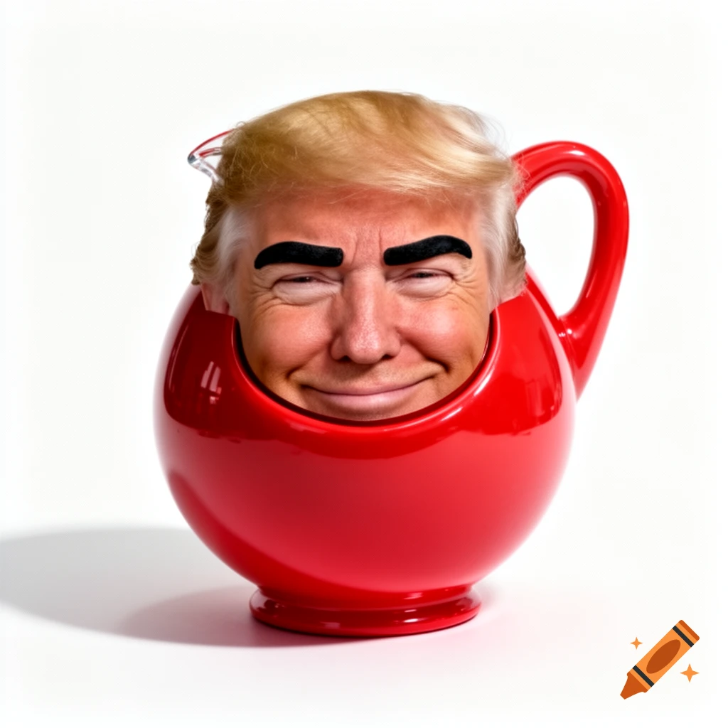 Smiling Donald Trump's face with thick eyebrows in a shiny red pitcher, like the Kool-Aid man.