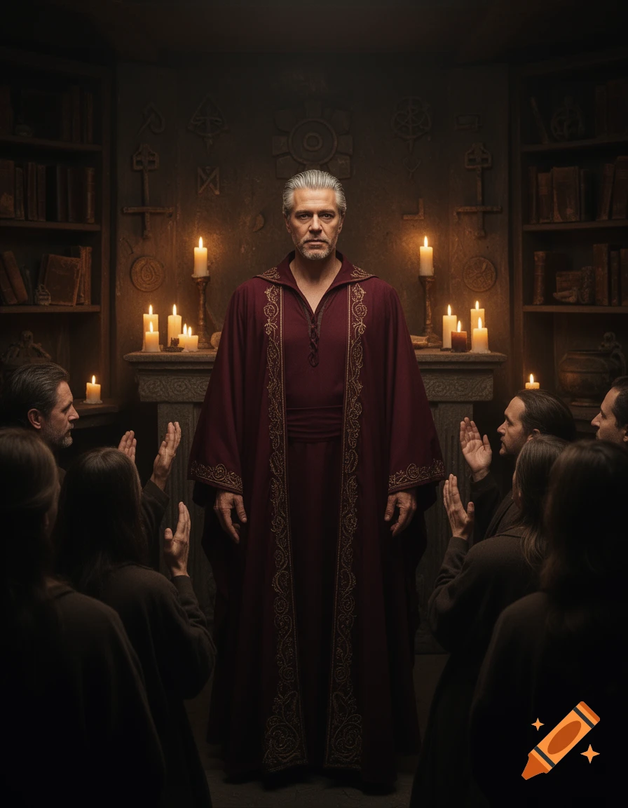 A stern man in a dark red ceremonial robe stands amidst followers with raised hands in a candlelit, ancient stone room.