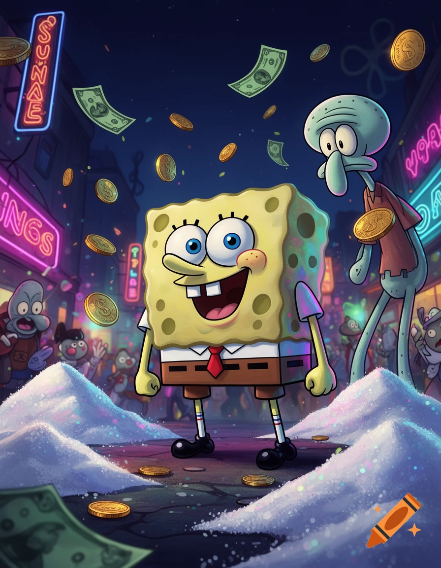 SpongeBob and Squidward in a vibrant, neon-lit street scene with money falling and white powder piles. Cartoon style.