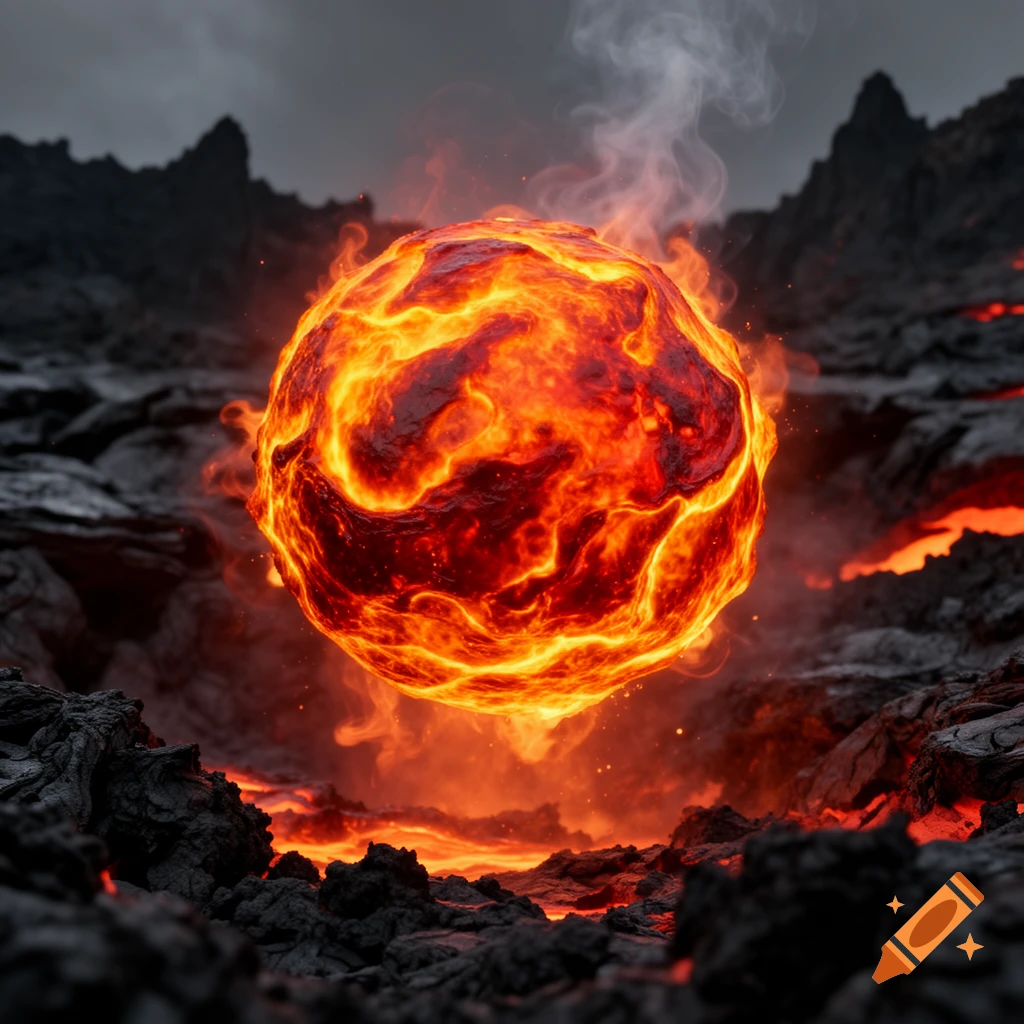 A vibrant, glowing orange and red fire ball hovers over a dark, jagged volcanic landscape with smoking lava flows under a stormy sky.