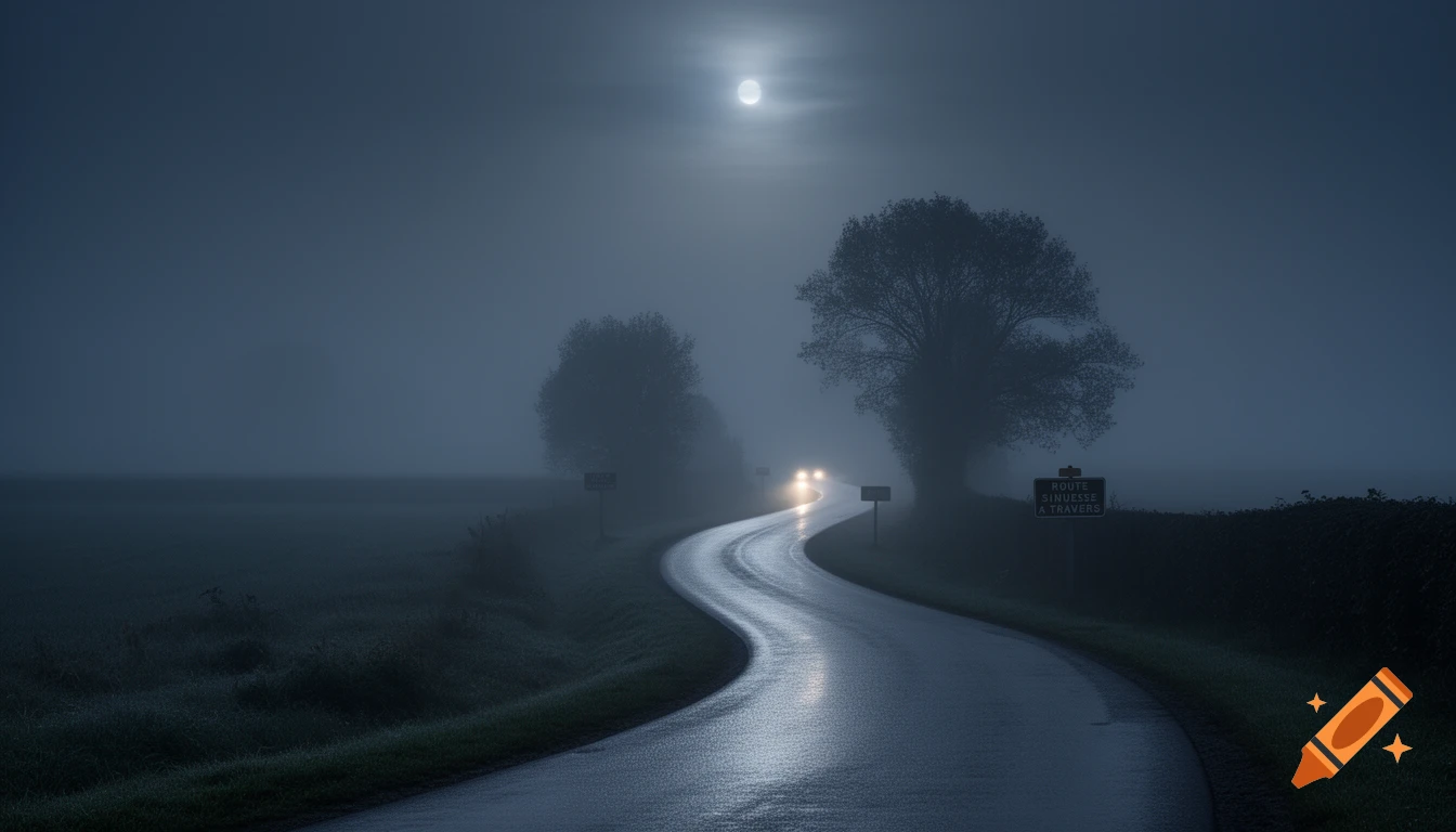 A winding, wet road illuminated by a bright full moon and distant car headlights, shrouded in dense fog at night with trees and fields on either side.