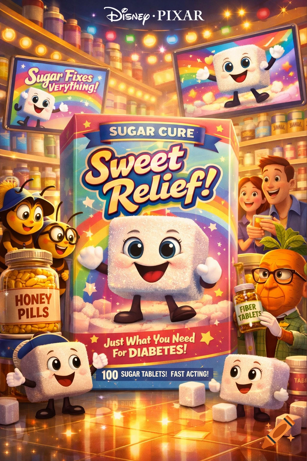 A colorful Disney Pixar movie poster for "Sweet Relief!" sugar cure, featuring smiling anthropomorphic sugar cubes, bees, and a carrot man in a fantastical pharmacy setting.