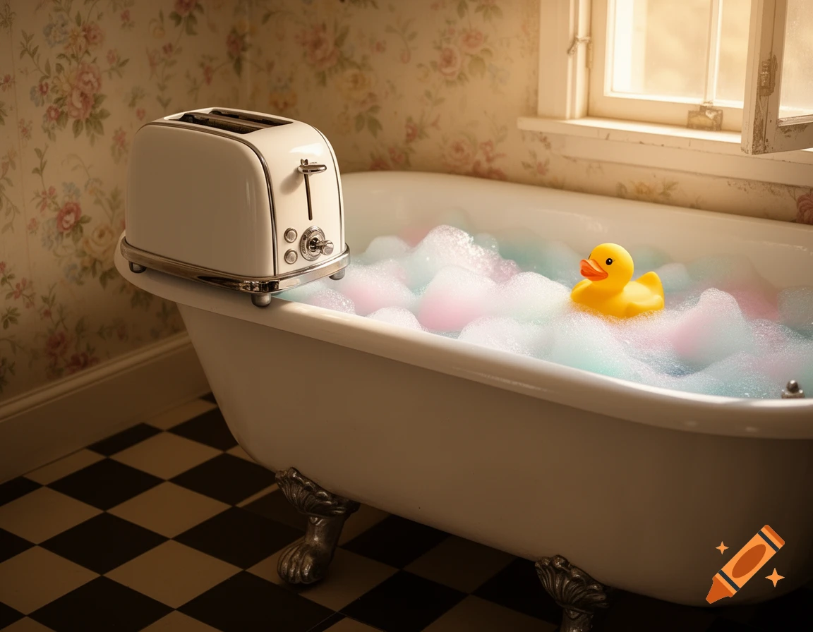 A white toaster sits on the edge of a clawfoot bathtub filled with colorful bubbles and a yellow rubber duck.