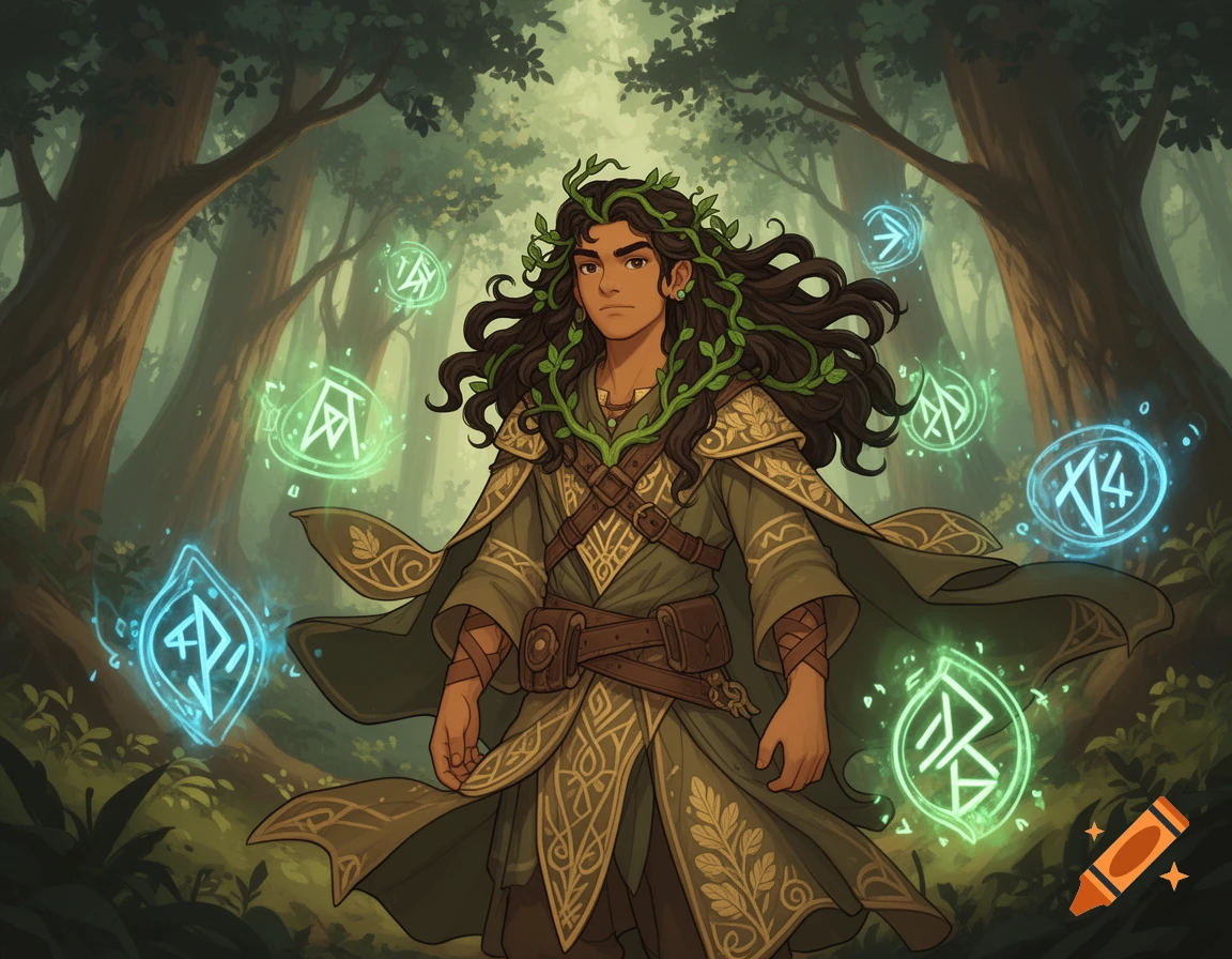 A Hispanic male druid with long leafy hair stands in a forest surrounded by glowing runes, in the Hades art style.