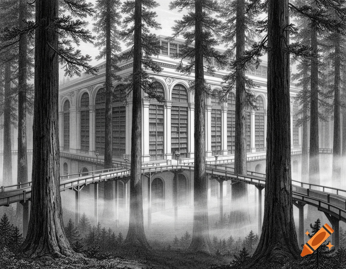 Black and white architectural engraving of a classical library building surrounded by towering redwood trees, connected by wooden walkways in mist.