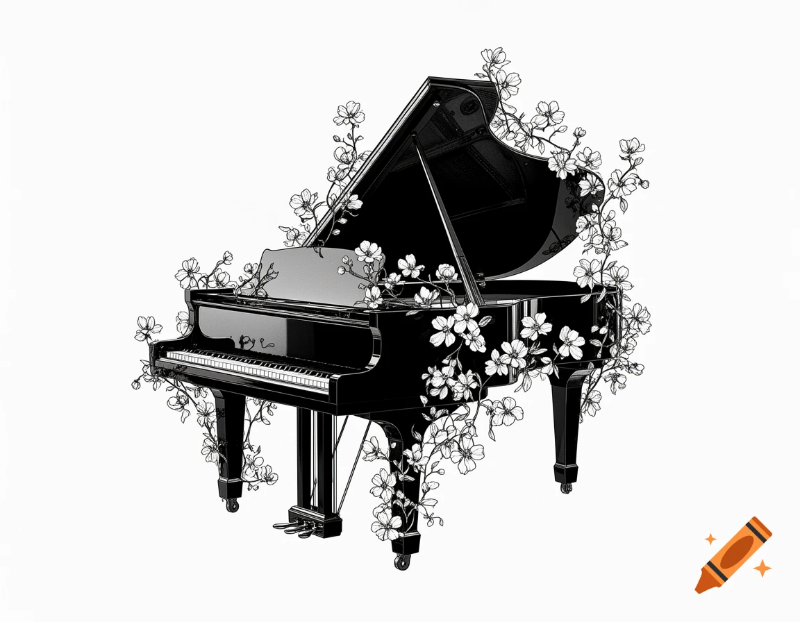 A detailed black and white illustration of a grand piano intertwined with delicate floral vines, rendered in a minimalist ink drawing style.