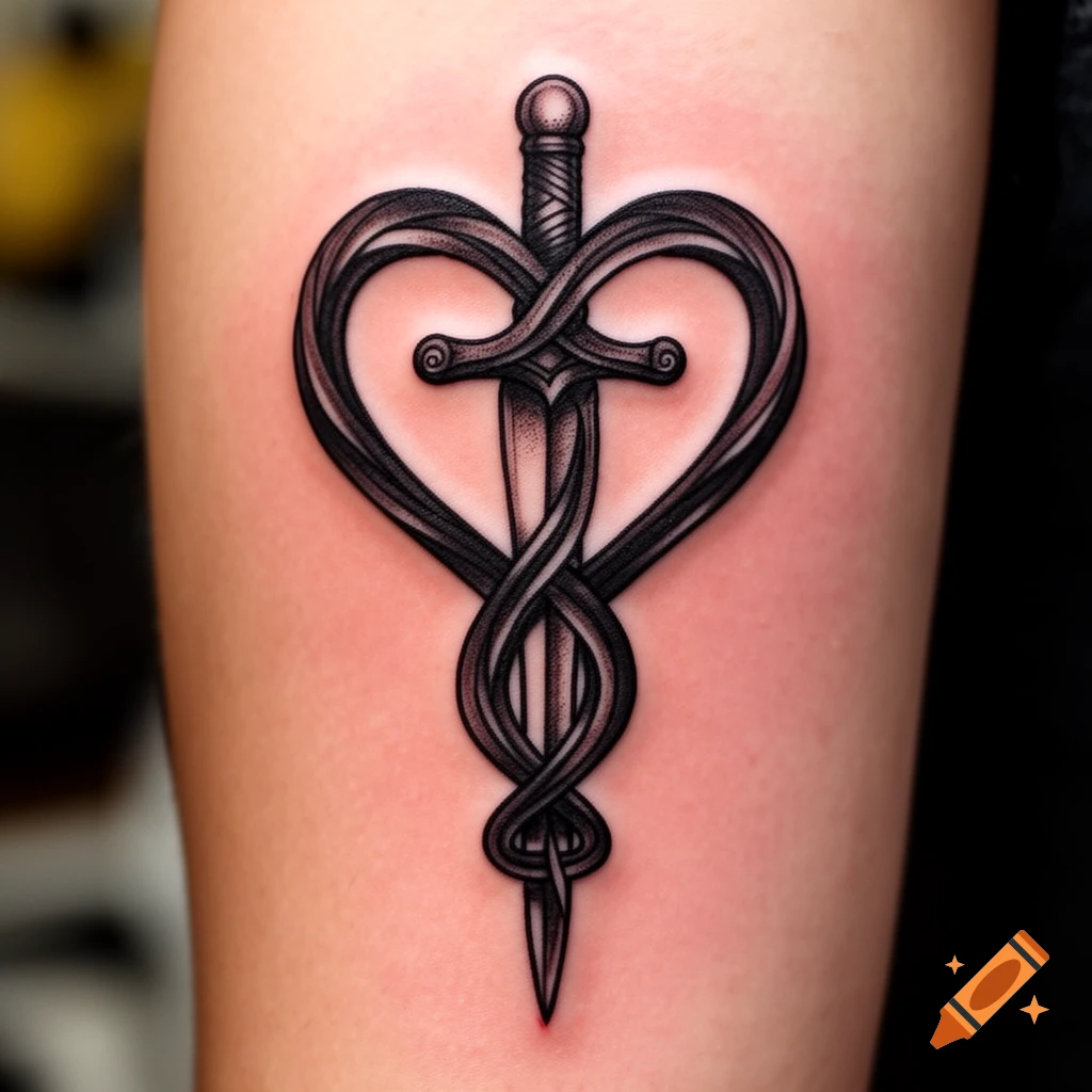 A black and grey tattoo on skin, featuring an intricate knot of swirling lines forming a heart intertwined with a dagger.