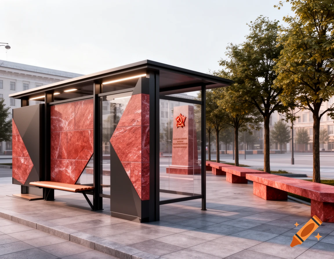 A modern bus stop with red stone panels and a glass shelter stands next to a red stone monument featuring a hammer and sickle emblem in an urban square lined with trees.