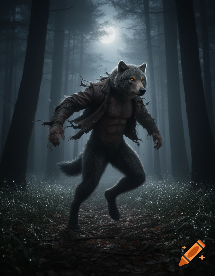 A photorealistic partial wolf-human shapeshifter with glowing eyes runs through a dark, misty forest under a full moon.
