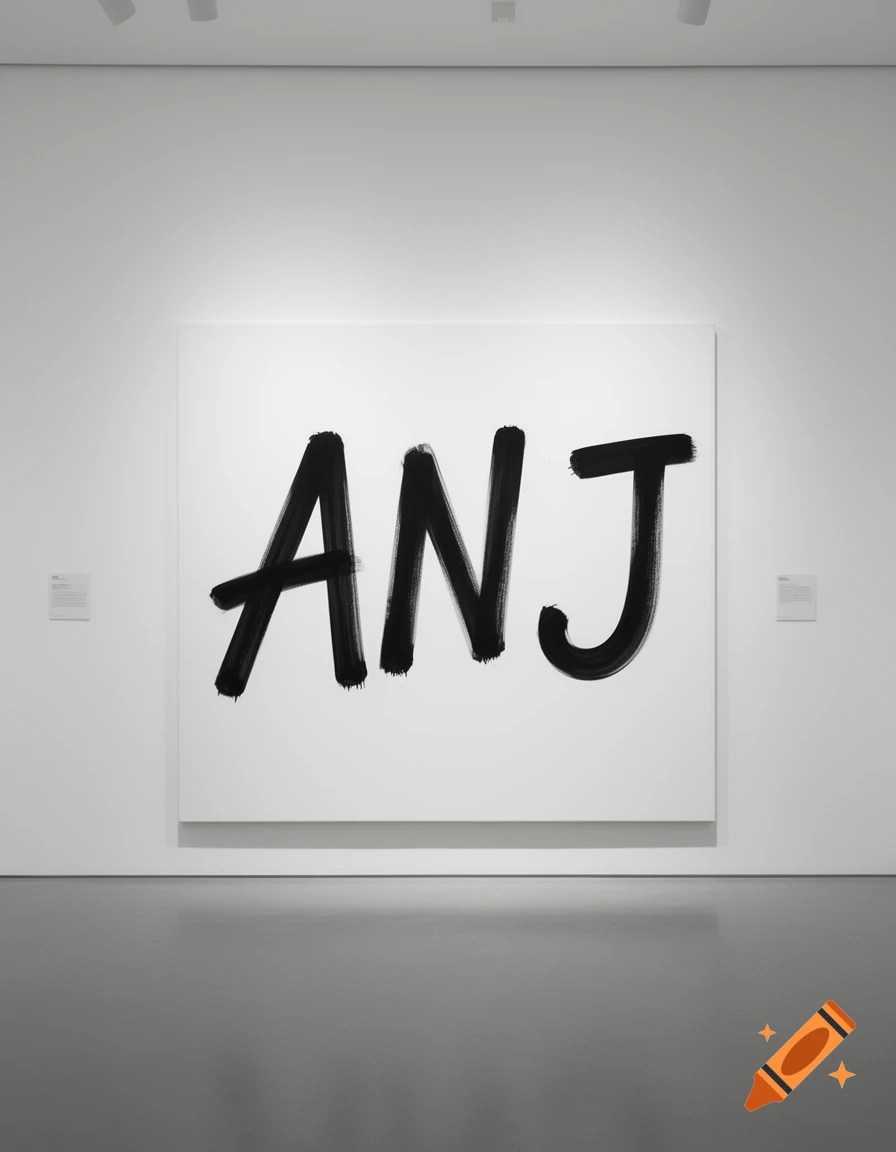 A large white canvas with black brushstroke letters 'ANJ' displayed in a modern art gallery.