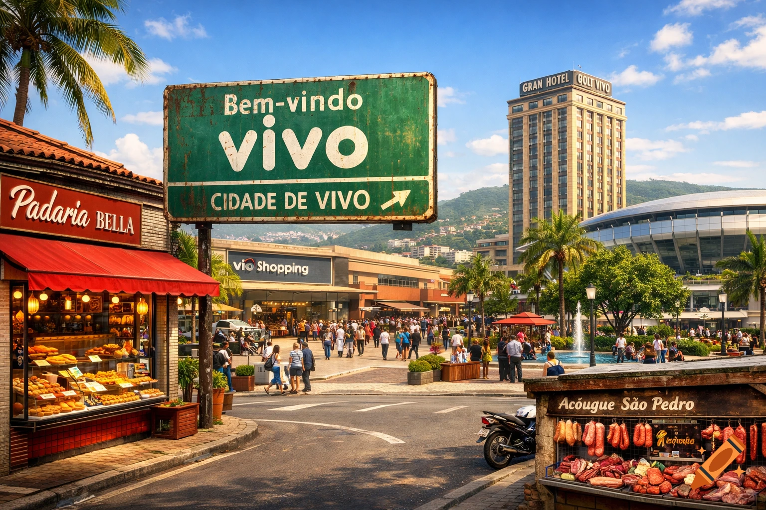A vibrant, photorealistic city street scene in Brazil, featuring a large green 'VIVO' welcome sign, a bakery, a butcher shop, a shopping center, and a tall hotel, with many people milling about in the sunny square.