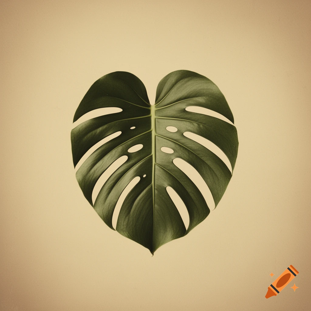 A dark green Monstera leaf with characteristic fenestrations on a plain light beige background in a minimalist, retro style.