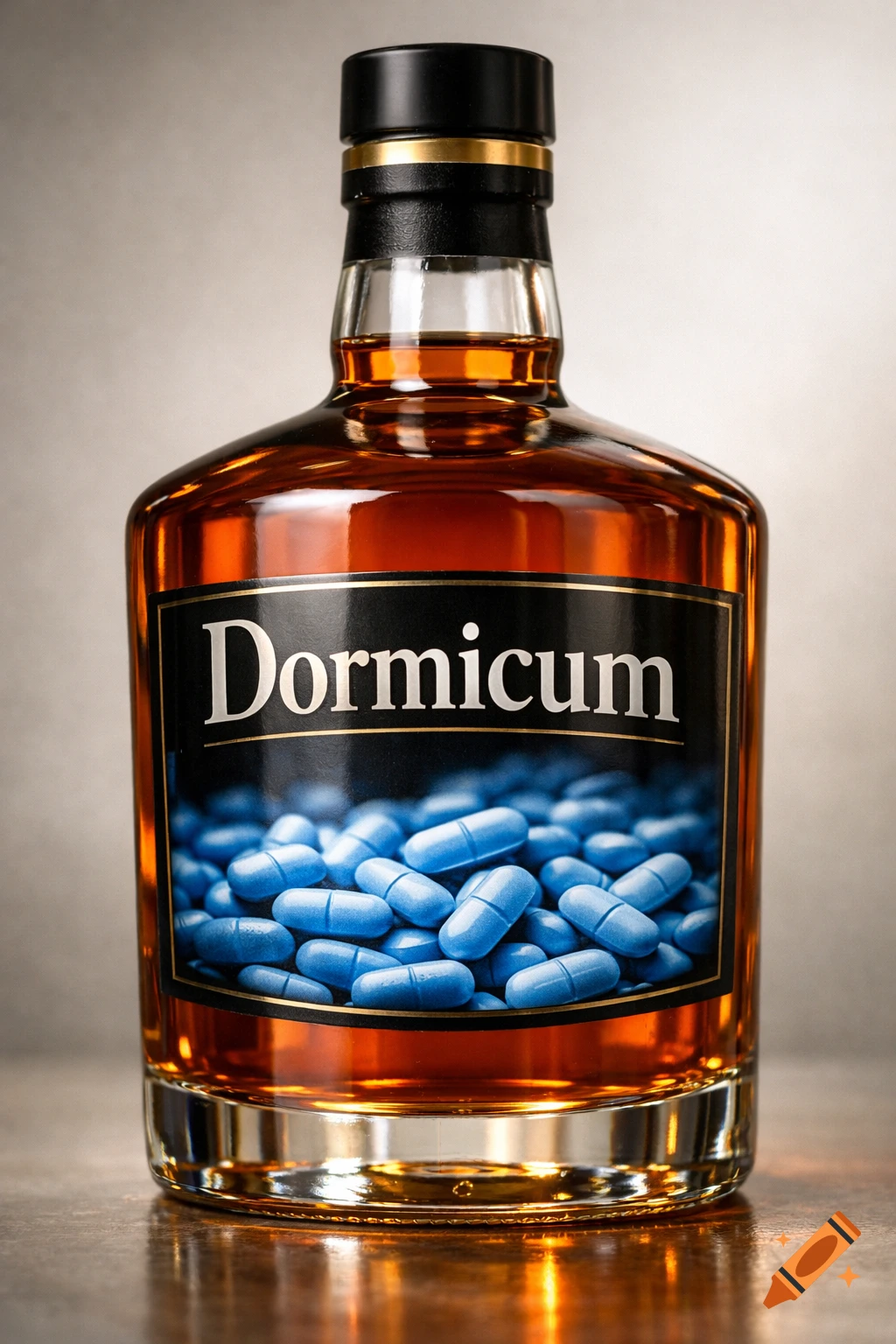 Photorealistic whiskey bottle with a black label featuring the word 'Dormicum' and a base of blue pills.