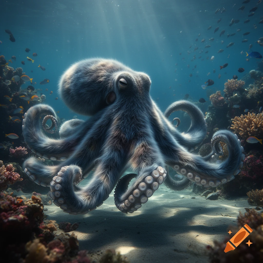 A furry octopus swims above a sandy seafloor, surrounded by vibrant coral reefs and small fish, bathed in sunlit underwater rays.