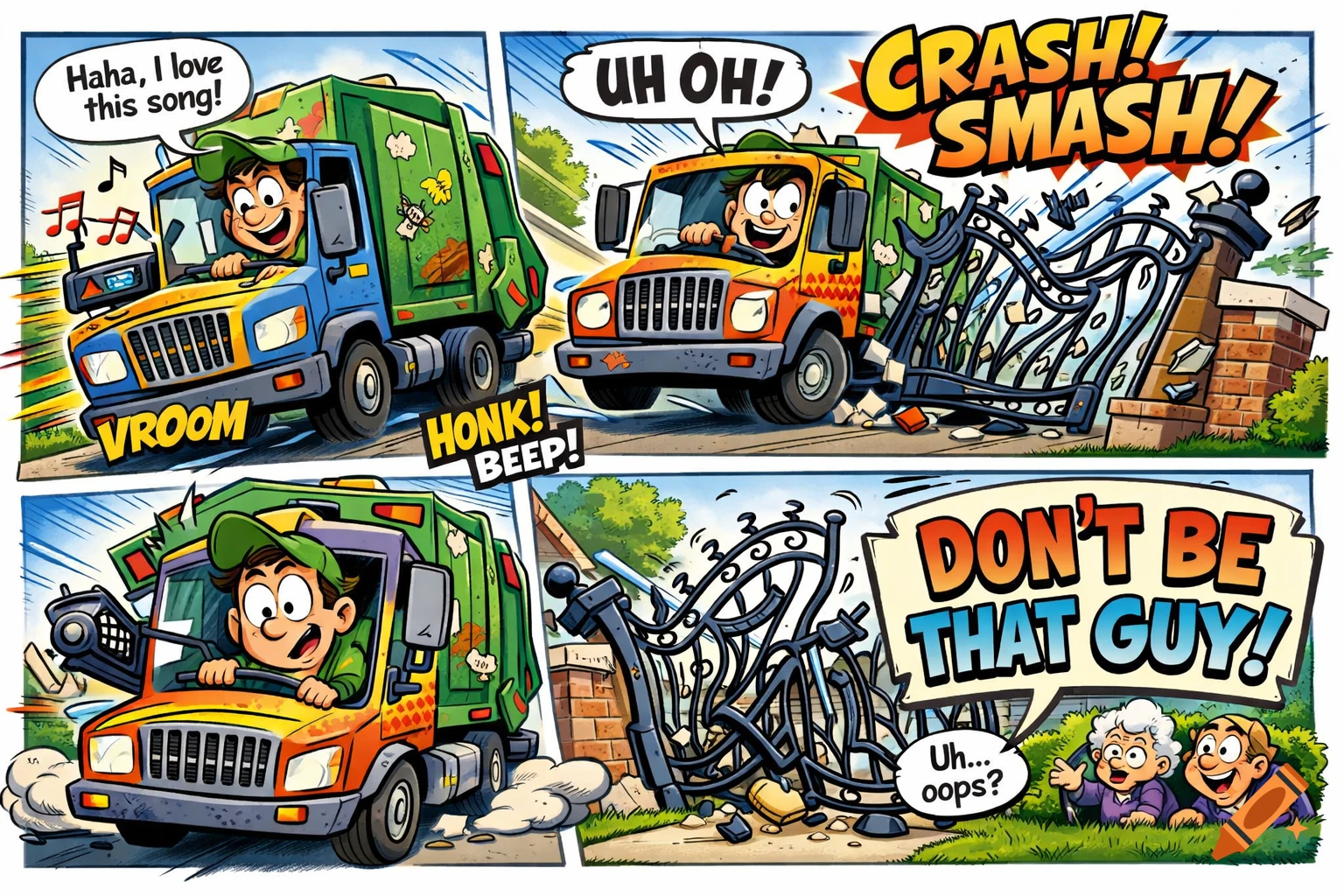 A comic strip shows a distracted garbage truck driver listening to music, then crashing into a driveway gate, with an old couple observing. The moral reads 'Don't be that guy!'.