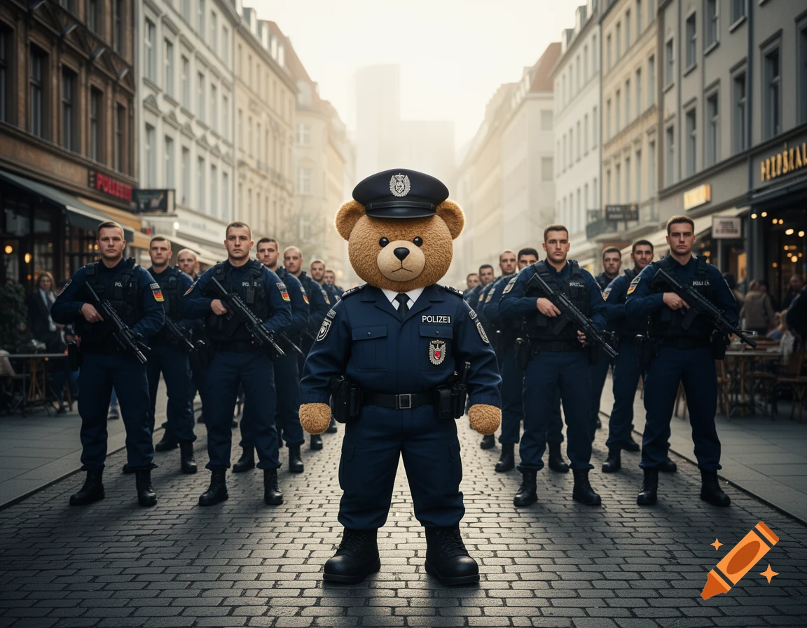 A photorealistic image of a teddy bear in a German police uniform leading a line of armed police officers in a city street.