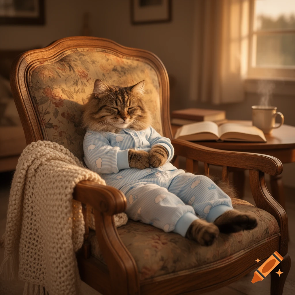 A fluffy cat in blue cloud pajamas relaxes in an ornate armchair, eyes closed. A blanket, open book, and steaming cup are nearby.