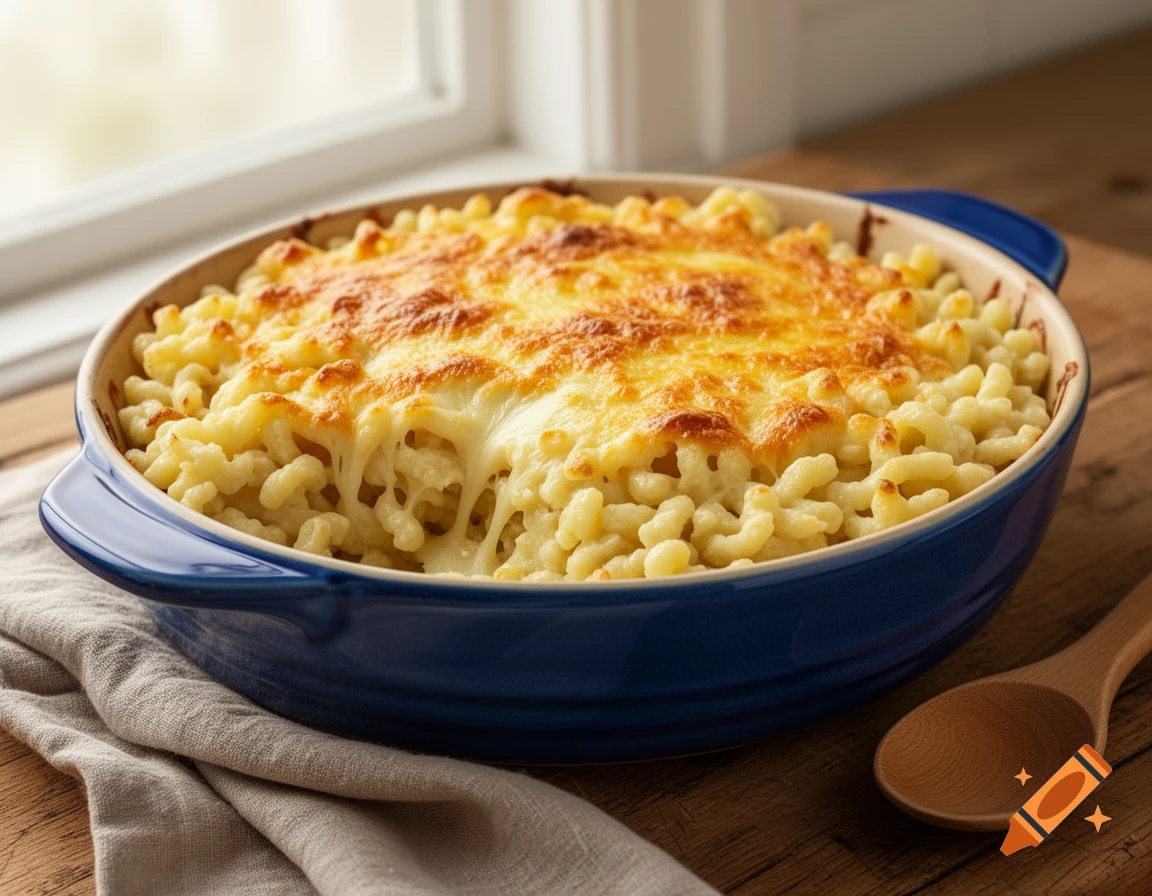 Cheesy pasta in a blue baking dish on a wooden table, with a spoon and linen.