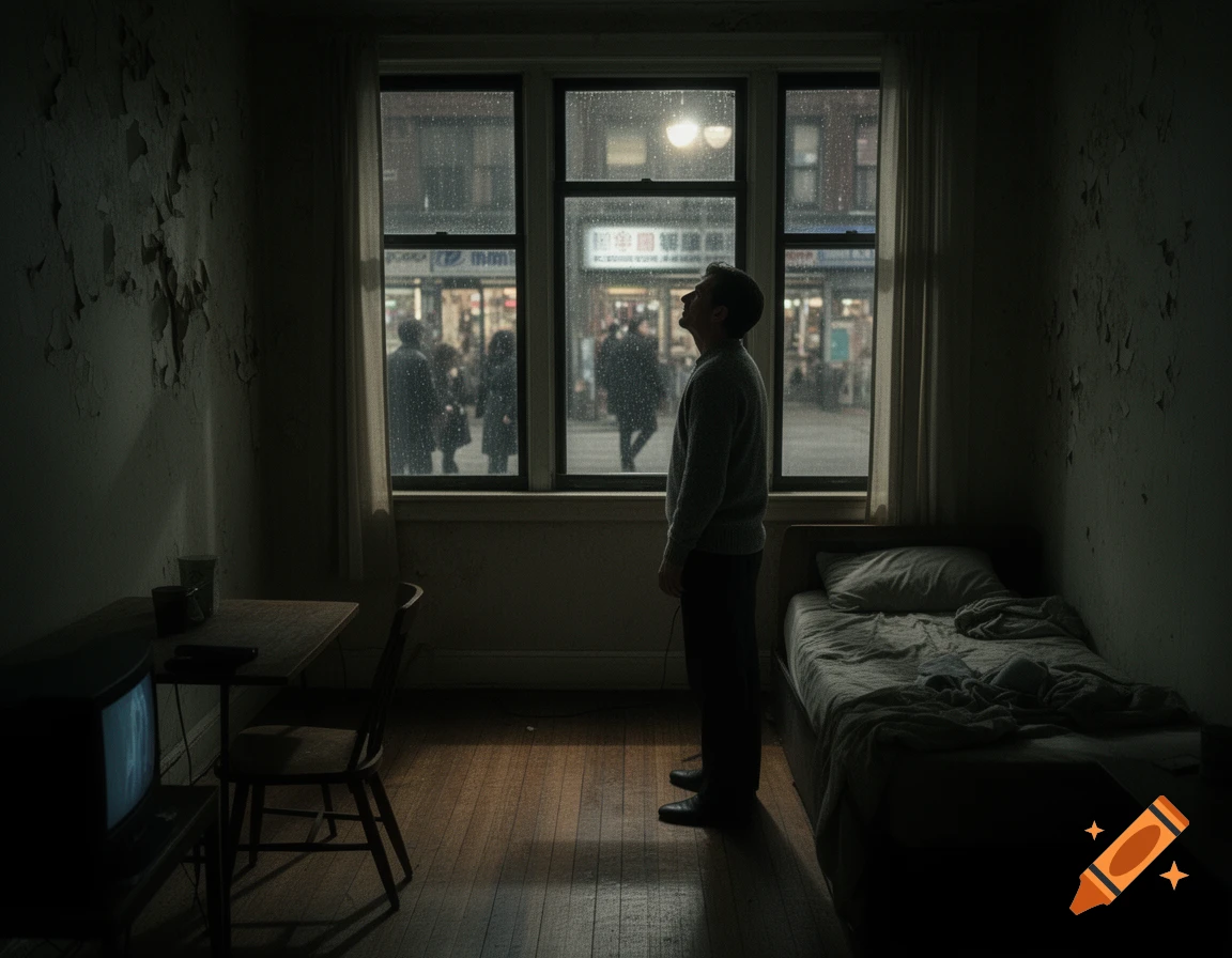 A man stands in a dark, worn room looking out a rainy window at blurred people and city lights outside.