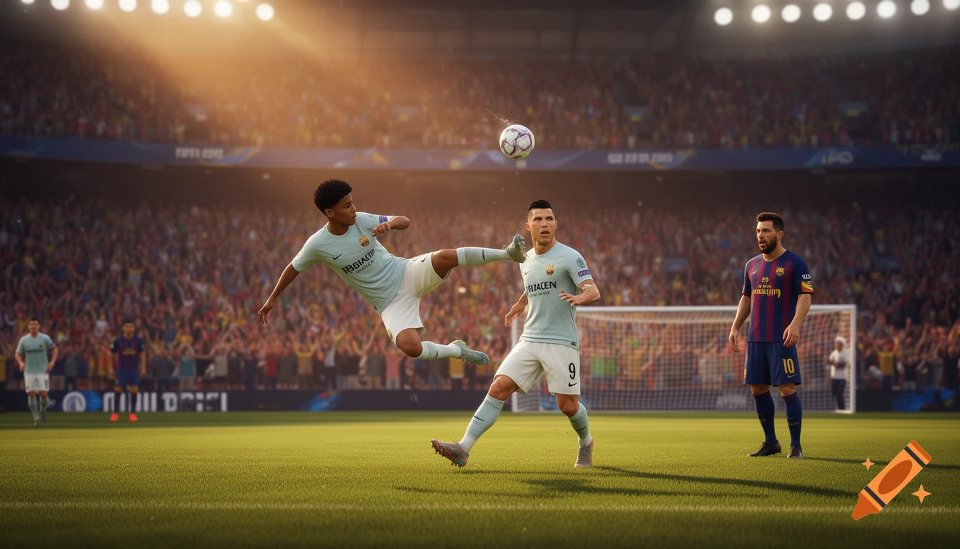 A football player in a light blue jersey performs an acrobatic kick, hitting the ball in a packed stadium with a player resembling Cristiano Ronaldo nearby and Lionel Messi in the distance, in a photorealistic video game style.