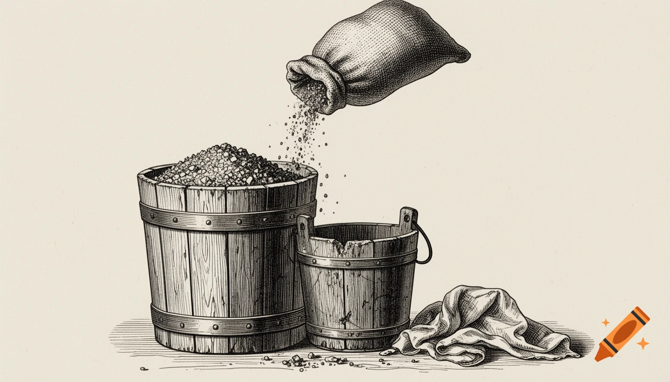 Wooden barrel filled with ash, smaller bucket, sack pouring ash, and cloth in old engraving style.