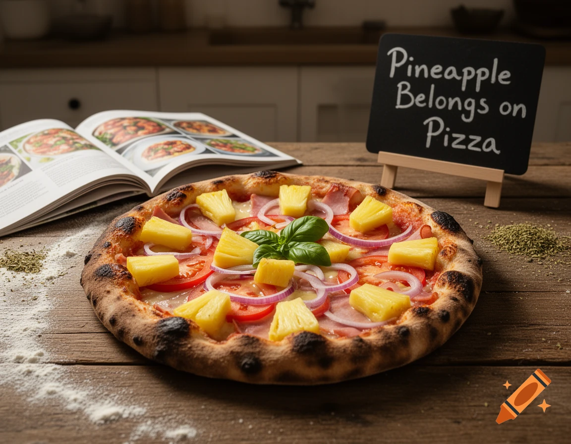 A close-up shot of a pineapple, ham, and red onion pizza with a basil leaf on a wooden table, next to a chalkboard sign saying "Pineapple Belongs on Pizza" and an open cookbook.