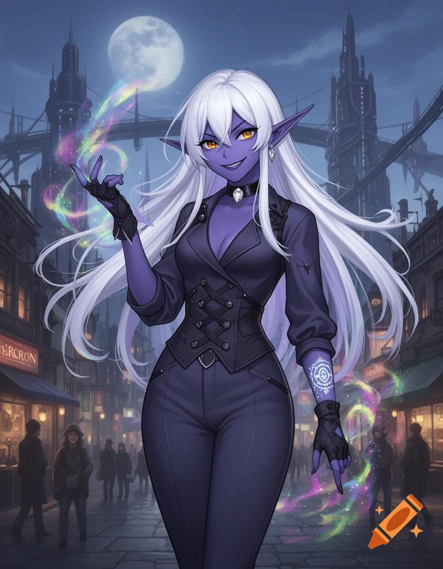 Anime-style Drow elf with white hair, purple skin, and amber eyes, smirking while casting magic with prismatic effects in a fantasy urban street at night.