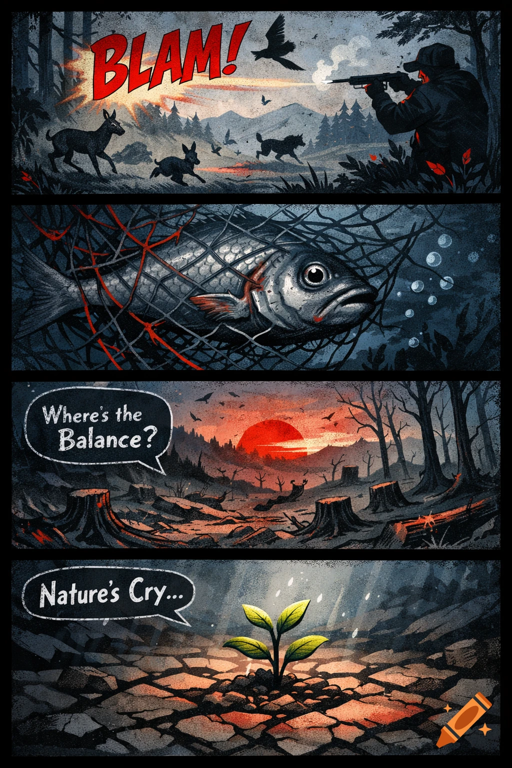 A four-panel comic strip illustrating environmental themes, showing hunting, a fish caught in a net, deforestation at sunset, and a single plant growing in cracked earth.