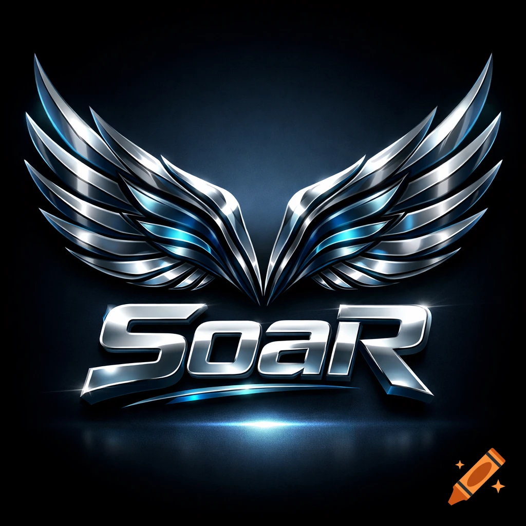 3D metallic logo with stylized wings above the word 'SoaR' on a dark background with blue light accents.