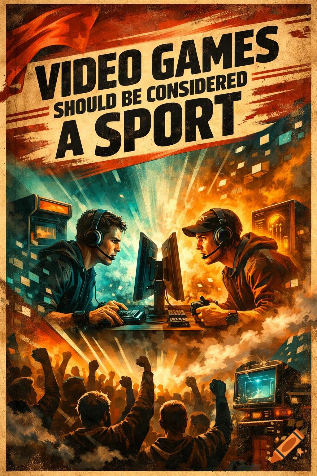 Vintage propaganda poster: 'Video Games Should Be Considered A Sport.' Two gamers play while a crowd cheers below.