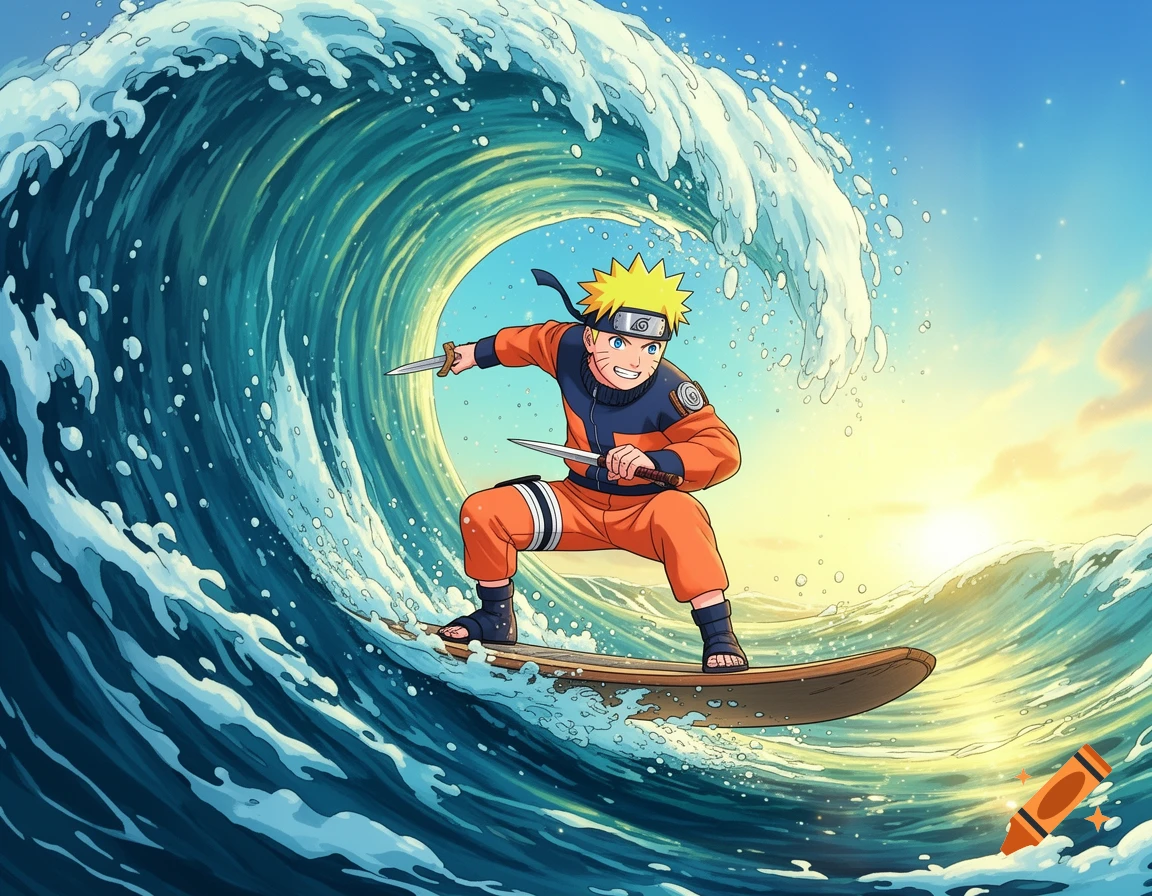 Naruto surfs a giant blue tsunami wave, holding two knives, under a bright sky, in an anime style.