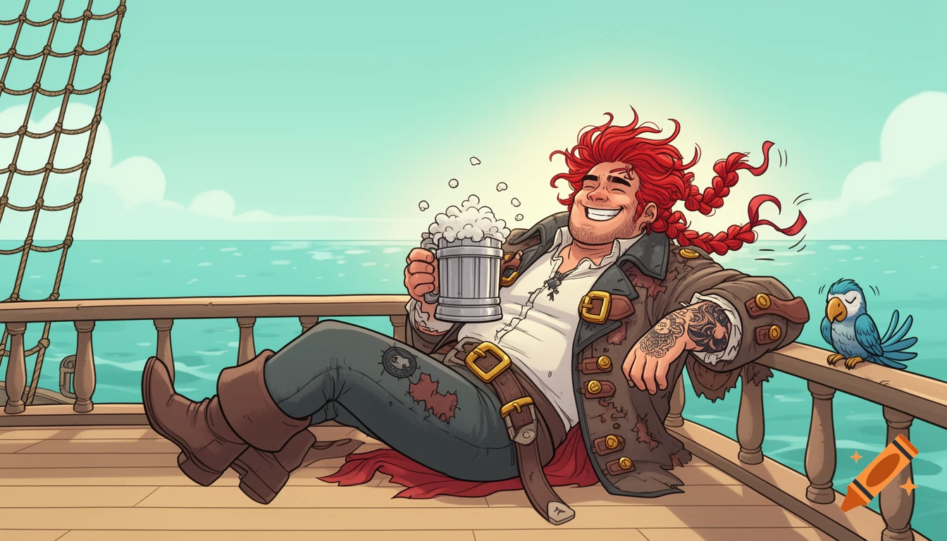 A cheerful red-haired pirate lounges on a ship's deck with a frothy tankard, smiling widely, with a blue parrot nearby, in a comic-panel illustration.