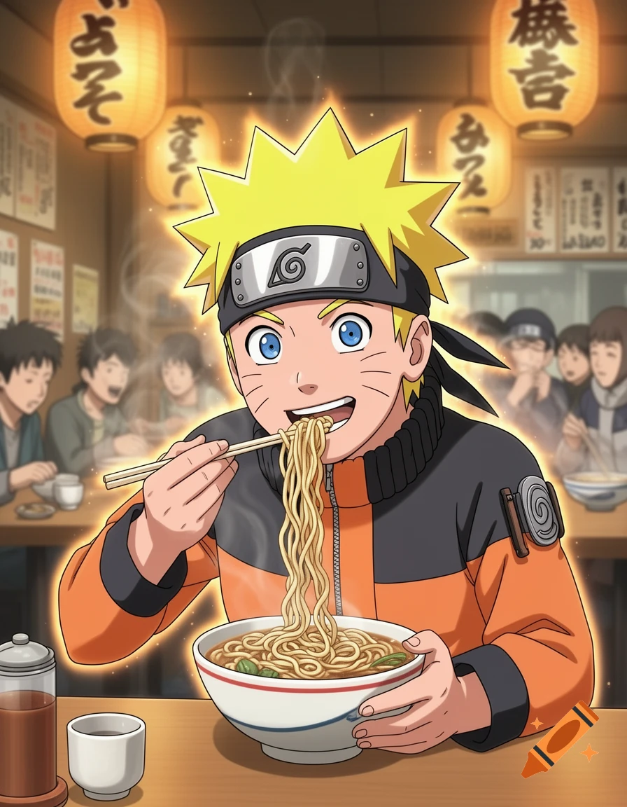 Naruto Uzumaki with spiky blonde hair and blue eyes, wearing his orange and black outfit, happily eats ramen with chopsticks in a bustling Japanese restaurant.