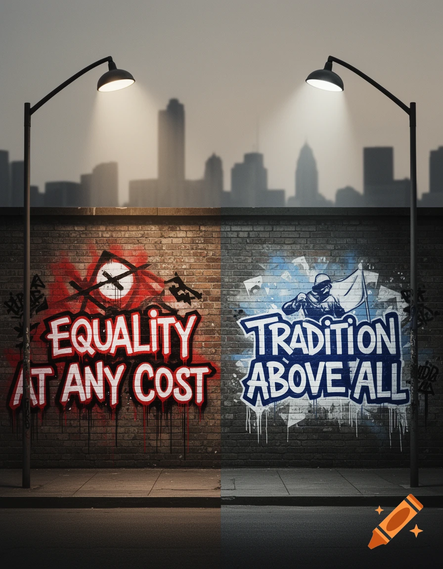 Two graffiti murals on a brick wall, one red reading 'EQUALITY AT ANY COST' and one blue 'TRADITION ABOVE ALL', under streetlights.