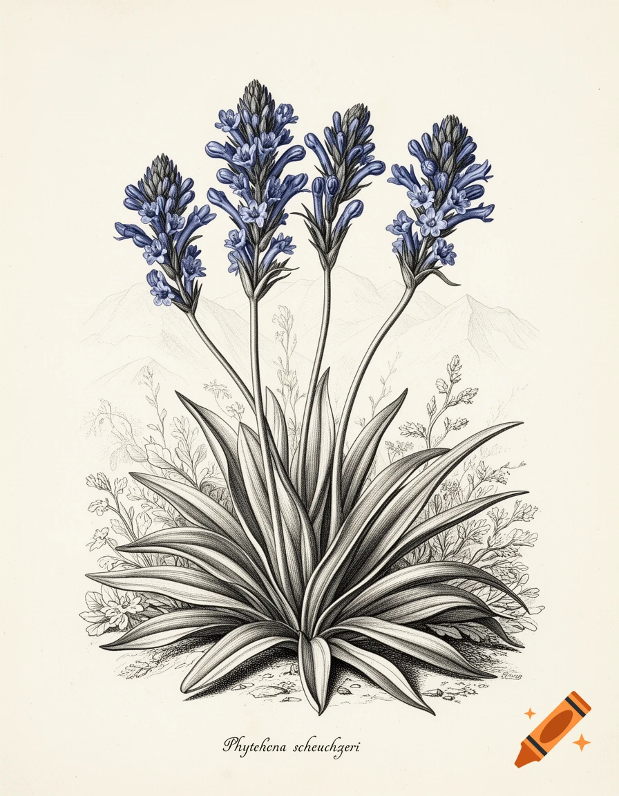 Botanical illustration of Phyteuma scheuchzeri with blue flowers and black and white leaves, on a light background.