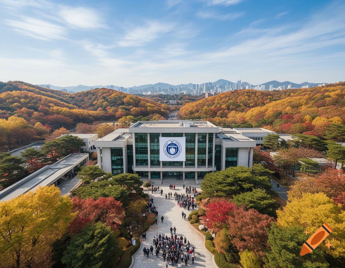 An aerial view of Seoul National University in autumn, with a modern building amidst vibrant fall foliage and a distant city skyline.