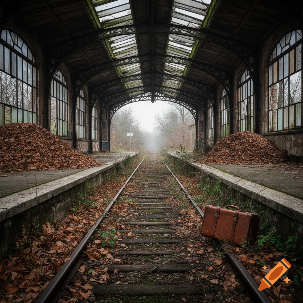 An old, abandoned train station with tracks covered in autumn leaves and a forgotten brown suitcase on the platform. The station has a grand arched roof and large windows.