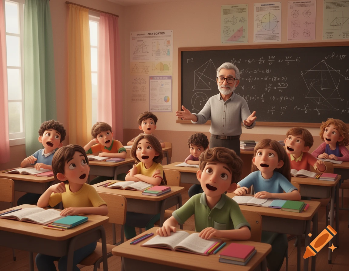 A 3D animated image of a male math teacher with a beard standing in front of a blackboard, gesturing to a group of diverse students in a classroom.