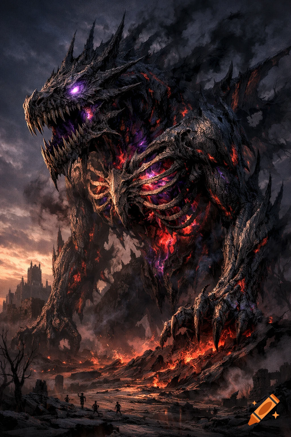 A colossal, skeletal dark fantasy monster with glowing red and purple ...