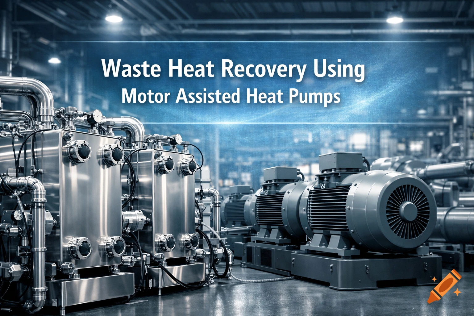 Industrial machinery featuring large heat pumps and motors, with a text banner stating 'Waste Heat Recovery Using Motor Assisted Heat Pumps'.