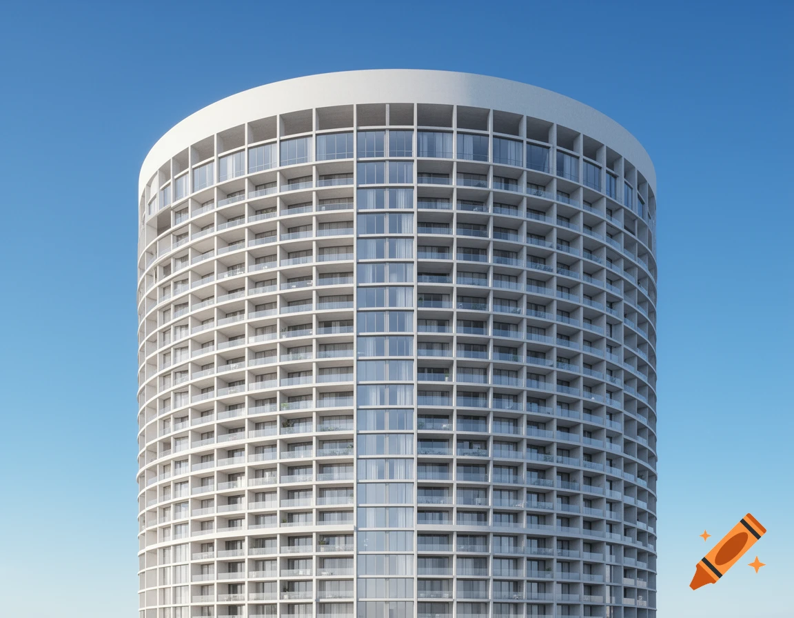 A towering circular white residential building with numerous balconies and windows against a clear blue sky.