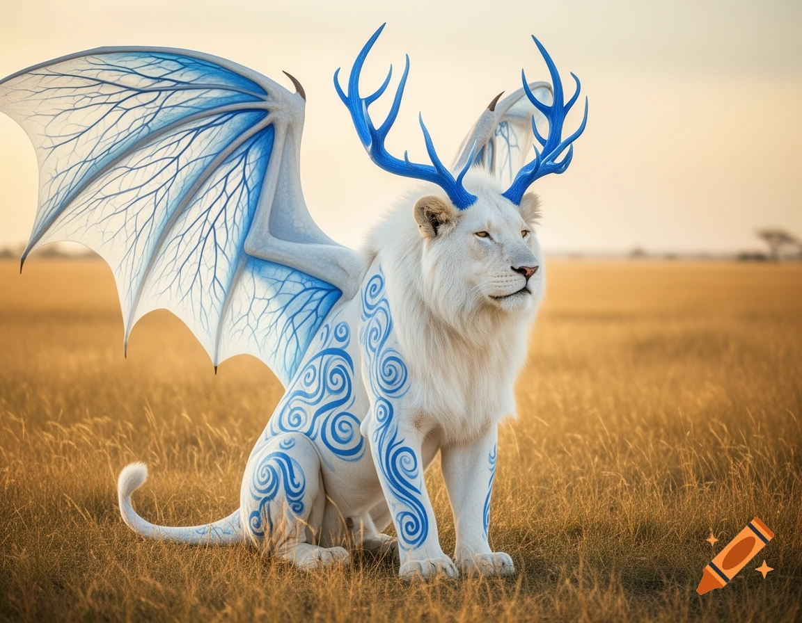 Photorealistic white lion with blue antlers, blue and white dragon wings, and blue swirl patterns, sitting in a grassy field.