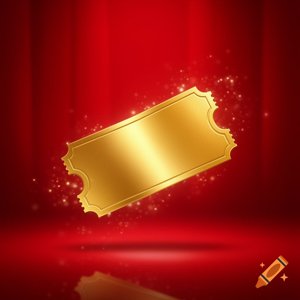 A shiny golden ticket with a scalloped edge floats diagonally on a reflective red background with sparkling light particles.