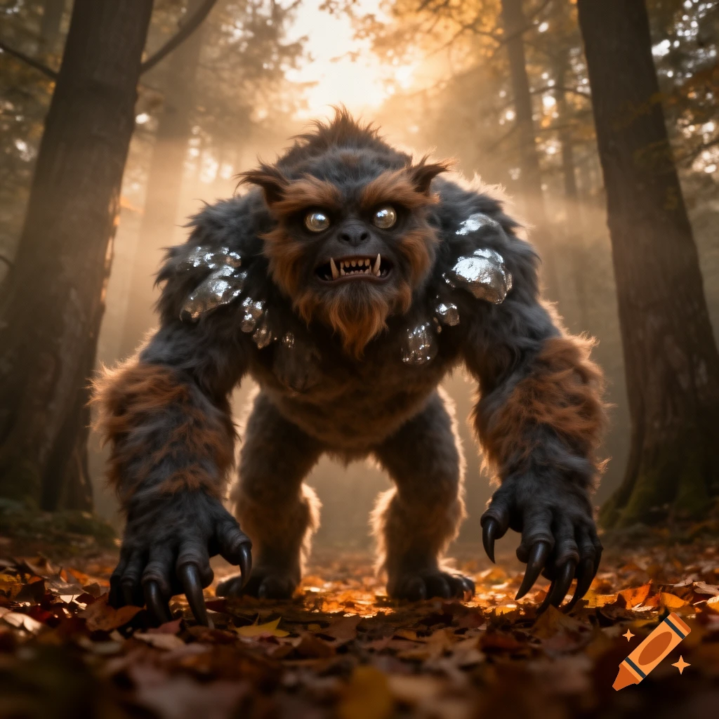 A fearsome, furry, bipedal monster with sharp claws and metal armor stands in a sun-drenched autumn forest.