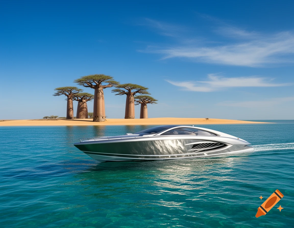 A sleek, stylized silver boat glides across turquoise water near a sandy island with several tall baobab trees under a clear blue sky.