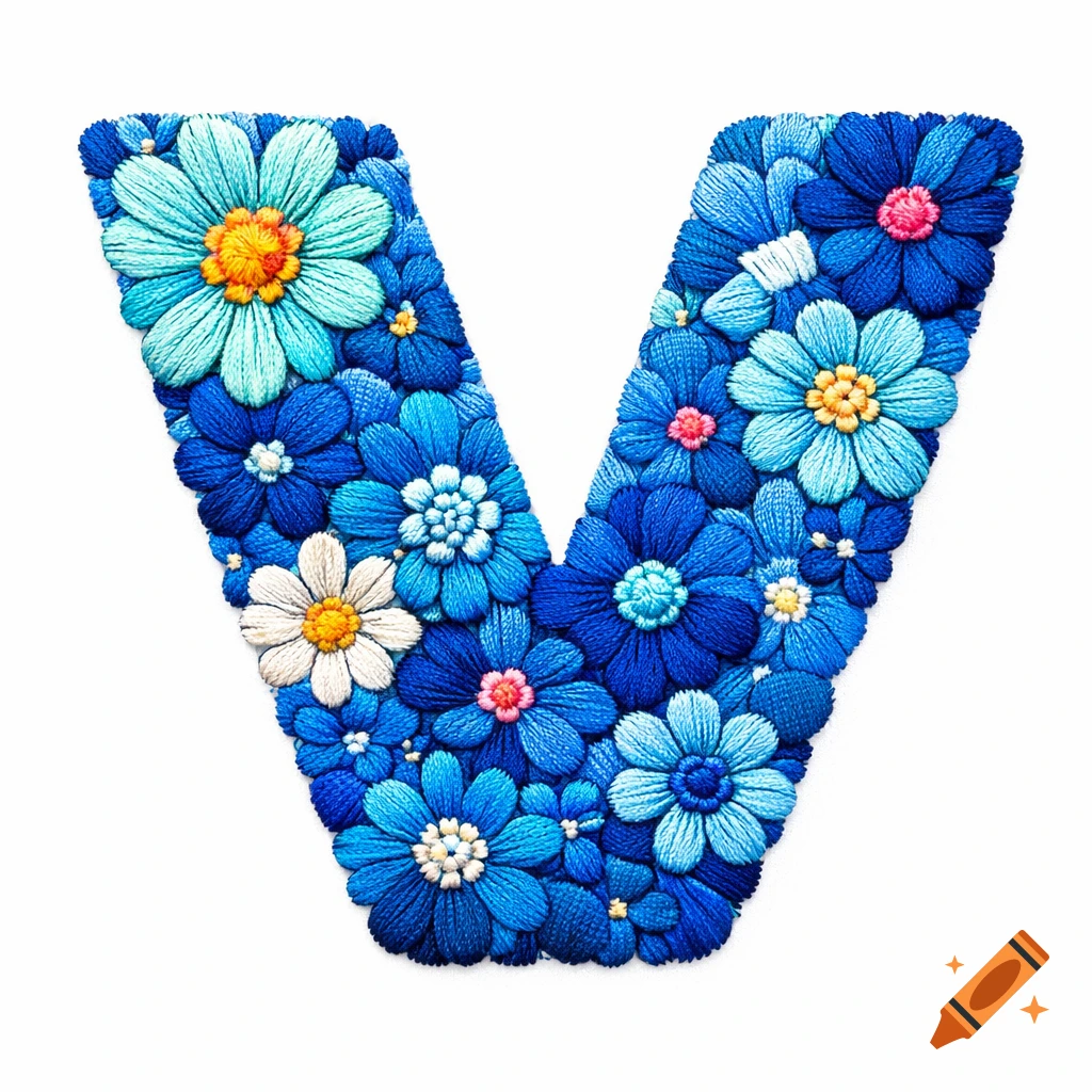 A large letter V made of intricate embroidered flowers in various shades of blue, with some white, pink, and yellow accents.