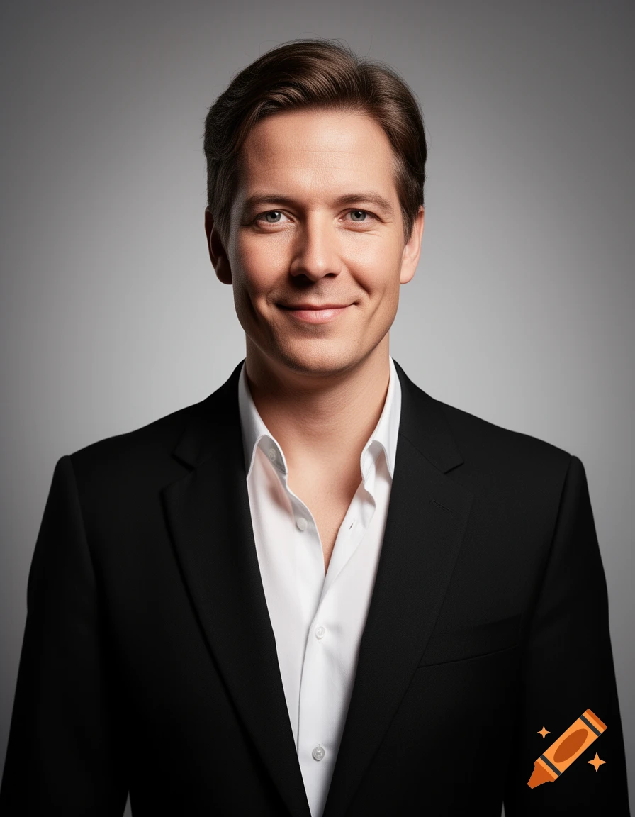 Photorealistic portrait of a smiling man with brown hair in a black suit and white shirt, looking directly at the viewer.