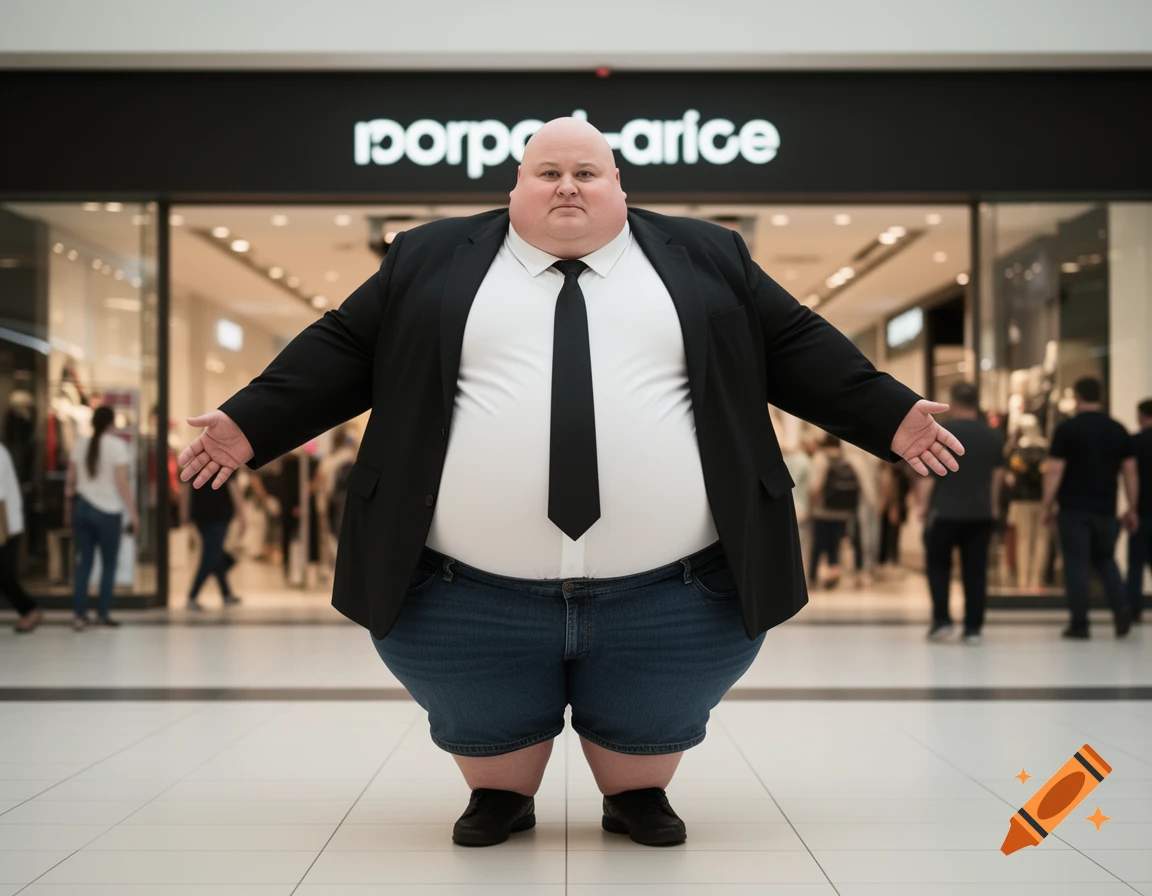 A morbidly obese bald man wearing a black blazer, white shirt, black tie, and denim shorts, standing with outstretched arms in a mall.